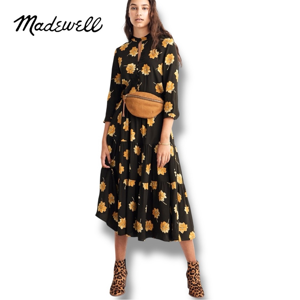 Madewell Button-Front Tier Dress in Fall Flowers Effie Floral Olive | Sz XS